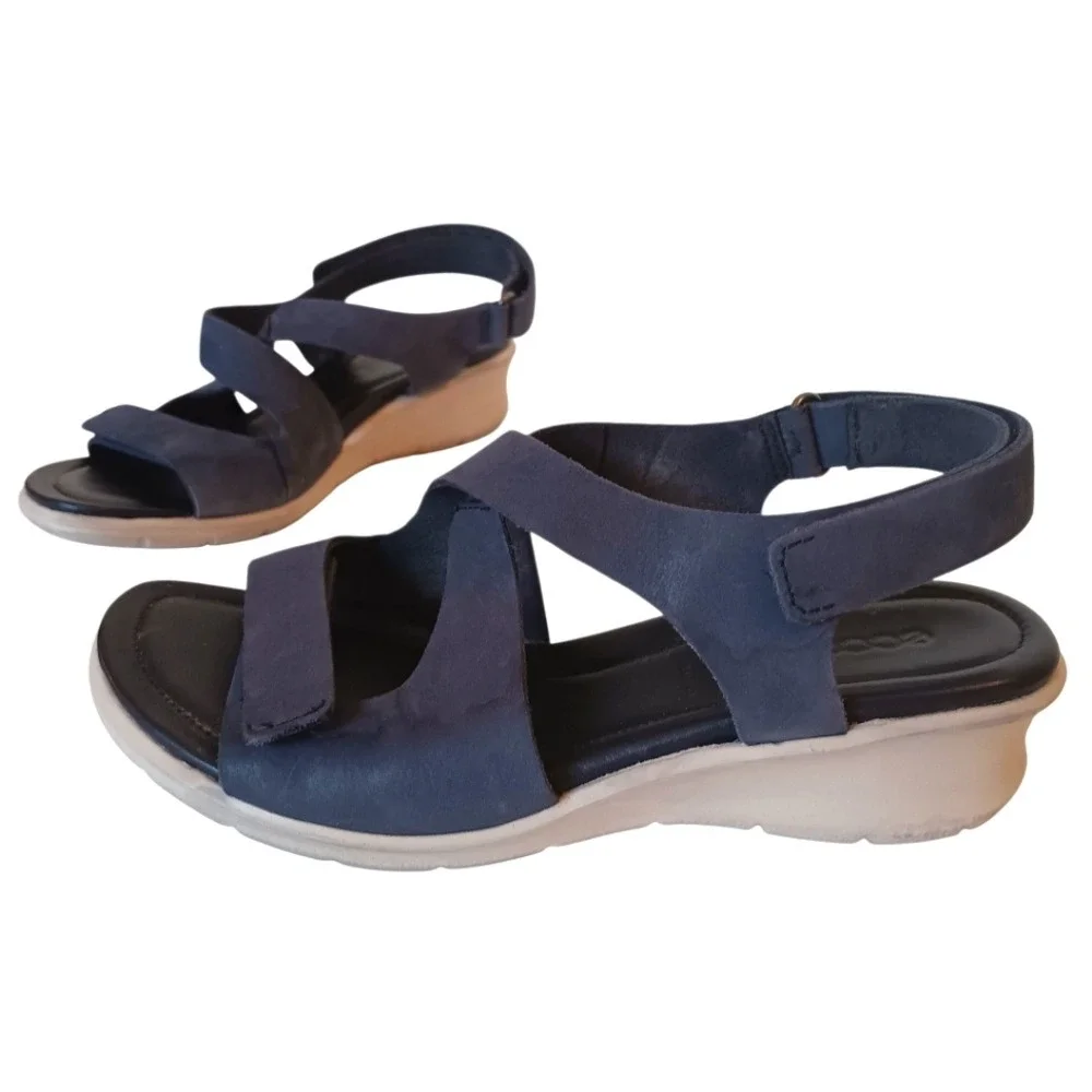 ECCO Damara Wedge Sandals Womens 5-5.5 Navy Blue Leather Strappy 216643-02303
